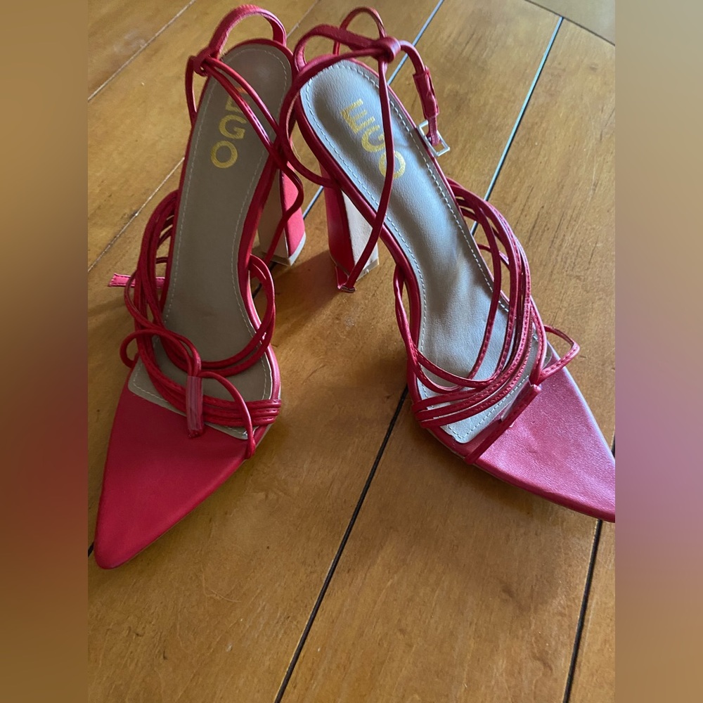 Pointed-Open Toe Strappy Red Block Chunk Heel - image 1